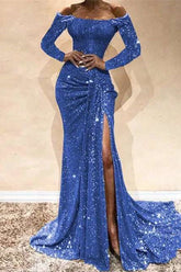 Deep Blue Sexy Formal Solid Patchwork Slit Off the Shoulder Evening Dress Dresses