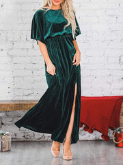 Fashion Velvet Round Neck High Slit Maxi Dresses