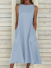 Summer Crew Neck Solid Cotton Blend Sleeveless Pocket Dress