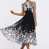 Fashion Butterfly Floral Print Long Elegant O Neck A-Line Party Dress Summer Sleeveless Tank Dresses