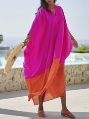 Beach Loose Contrast Color Split-Joint V-Neck Maxi Dresses