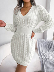 High Waisted Long Sleeves Solid Color V-Neck Mini Dresses Sweater Dresses