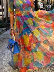 Loose Short Sleeves Multi-Colored Split-Joint Maxi Dresses