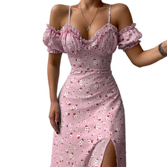 Women'S Off Shoulder Frilly Suspender Dress Party Summer Ladies Short Sleeve V-Neck Split Mid-Length Dress Floarl A-Line