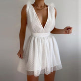 Hoobd Mini Dress - Tulle Plunge Dress in White
