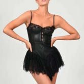 Sexy Solid White Stitching Lace Bra Corset style Spaghetti Strap Mini Dress Women Backless Party Skater Short Sling Robe