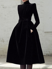 Plain Elegant Stand Collar Long sleeve Midi Party Dress
