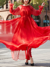 Long Sleeves Loose Falbala Gauze Pleated Solid Color Tied Waist Round-Neck Maxi Dresses