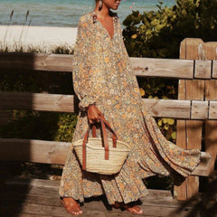 Floral Bohemian V Neck Long Sleeve Maxi Dress