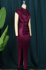 Pink Fashion Sexy Solid Slit Fold Half A Turtleneck Evening Dress