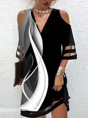 Women Color Block Art Cold Shoulder Mini Dress