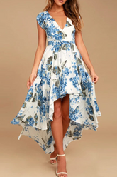 Elegant Floral Frenulum With Belt Irregular Dress Dresses