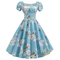 Summer Puff Sleeve Elegant Print Vintage Dress