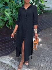 Solid Color Casual Button Lapel Collar Shirt Maxi Dress