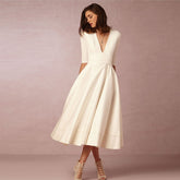 New Sexy Deep V Mid Sleeve Dress Midi Dress Skater Dresses