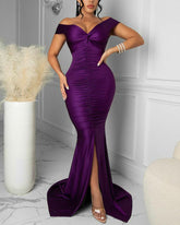 Hoobd Satin Off Shoulder Ruched Split Mermaid Dress