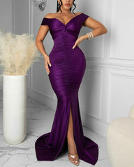 Hoobd Satin Off Shoulder Ruched Split Mermaid Dress