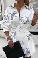 Hoobd Slim Waist Letter Print Long Sleeve Dress