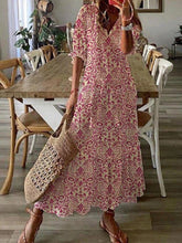 Boho V Neck Tribal Floral Short Sleeve Woven Dress