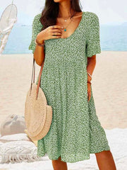 Women Floral Printed Short Sleeve Vintage Boho Weaving Tunic Dress