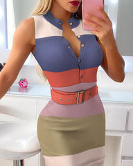 Hoobd Striped Print Colorblock Knit Short Sleeve Button Design Skinny Dress With Belt