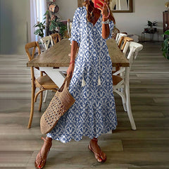 Women'S Half Sleeve Floral Print V Neck Casual Geometric Maxi Dress