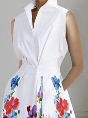 Loose Sleeveless Contrast Color Floral Printed Lapel Collar Midi Dresses