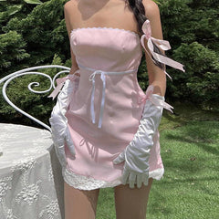 Women Summer Sexy y2k Fairy Dress Casual Loose Dress Bowknot Lace Tube Top Mini Dress