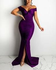 Hoobd Satin Off Shoulder Ruched Split Mermaid Dress