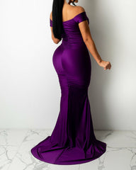 Hoobd Satin Off Shoulder Ruched Split Mermaid Dress