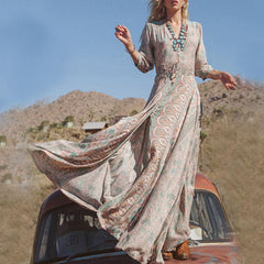 Western Style Boho Print Slit Maxi Dress