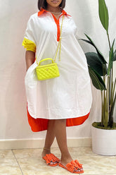White Casual Daily Simplicity Slit Contrast Shirt Collar Dresses