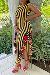 Yellow Casual Sweet Daily Simplicity Mixed Printing Striped Printing Contrast O Neck Dresses