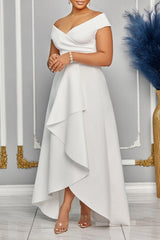 White Daily Celebrities Elegant Patchwork Flounce Solid Color V Neck Asymmetrical Dresses