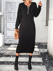 Long Sleeves Loose Buttoned Split-Joint Round-Neck Midi Dresses Sweater Dresses