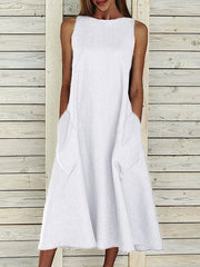 Summer Crew Neck Solid Cotton Blend Sleeveless Pocket Dress
