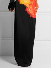 Long Sleeves Loose Flower Print Round-Neck Maxi Dresses