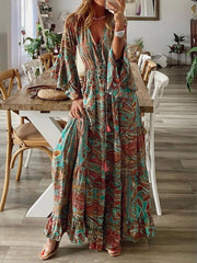 Women's Boho Floral Pattern Flared Sleeve Maxi Dress