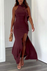 Brown Elegant Vacation Plain Flounce Slit Asymmetrical Dresses