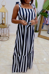 Black Casual Sweet Daily Simplicity Striped Patchwork With Belt Contrast Spaghetti Strap Dresses