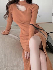 High Waisted Long Sleeves Hollow Solid Color Split-Side Mock Neck Midi Dresses Sweater Dresses