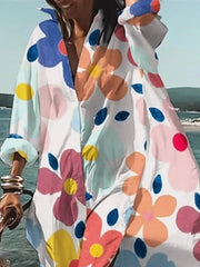 High-Low Long Sleeves Floral Printed Lapel Midi Dress Shirt Dress