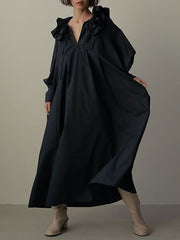Loose Puff Sleeves Pleated Solid Color Split-Joint Tiered V-Neck Midi Dresses