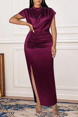 Pink Fashion Sexy Solid Slit Fold Half A Turtleneck Evening Dress