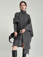 Casual Long Sleeves Loose Solid Color High-Neck Shawl&Sweater Dresses Two Pieces Set