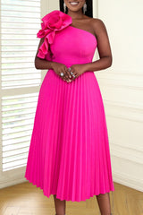 Rose Red Sexy Casual Solid Patchwork Oblique Collar Pleated Dresses