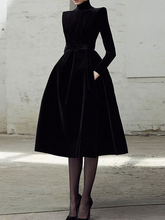 Plain Elegant Stand Collar Long sleeve Midi Party Dress