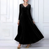 Elegant Solid Long Sleeved V-neck Velvet Maxi Dresses