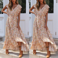 Summer Beach Maxi Dress Women Floral Print Boho Long Dress Ruffles Wrap Casual V-Neck Split Sexy Party Dress