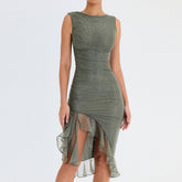 Women's Fashion Mesh Pleated Ruffle Irregular Mid Length Slim Low Back Sleeveless Dress